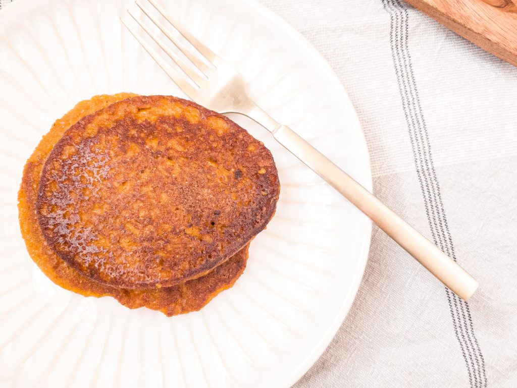 Sourdough pancakes made with pumpkin puree and pumpkin spice.