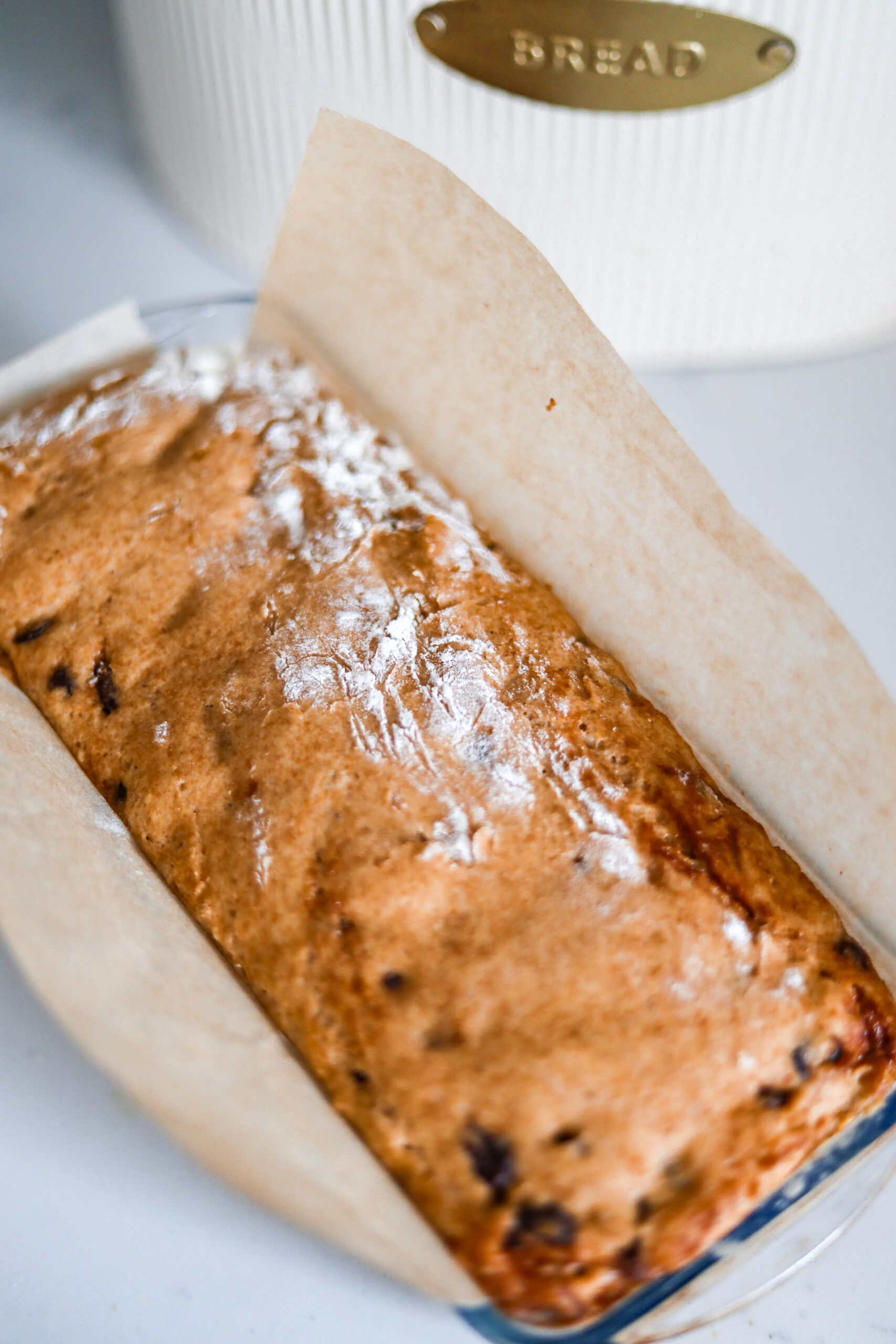 A loaf of cinnamon raisin bread made with whole wheat einkorn flour