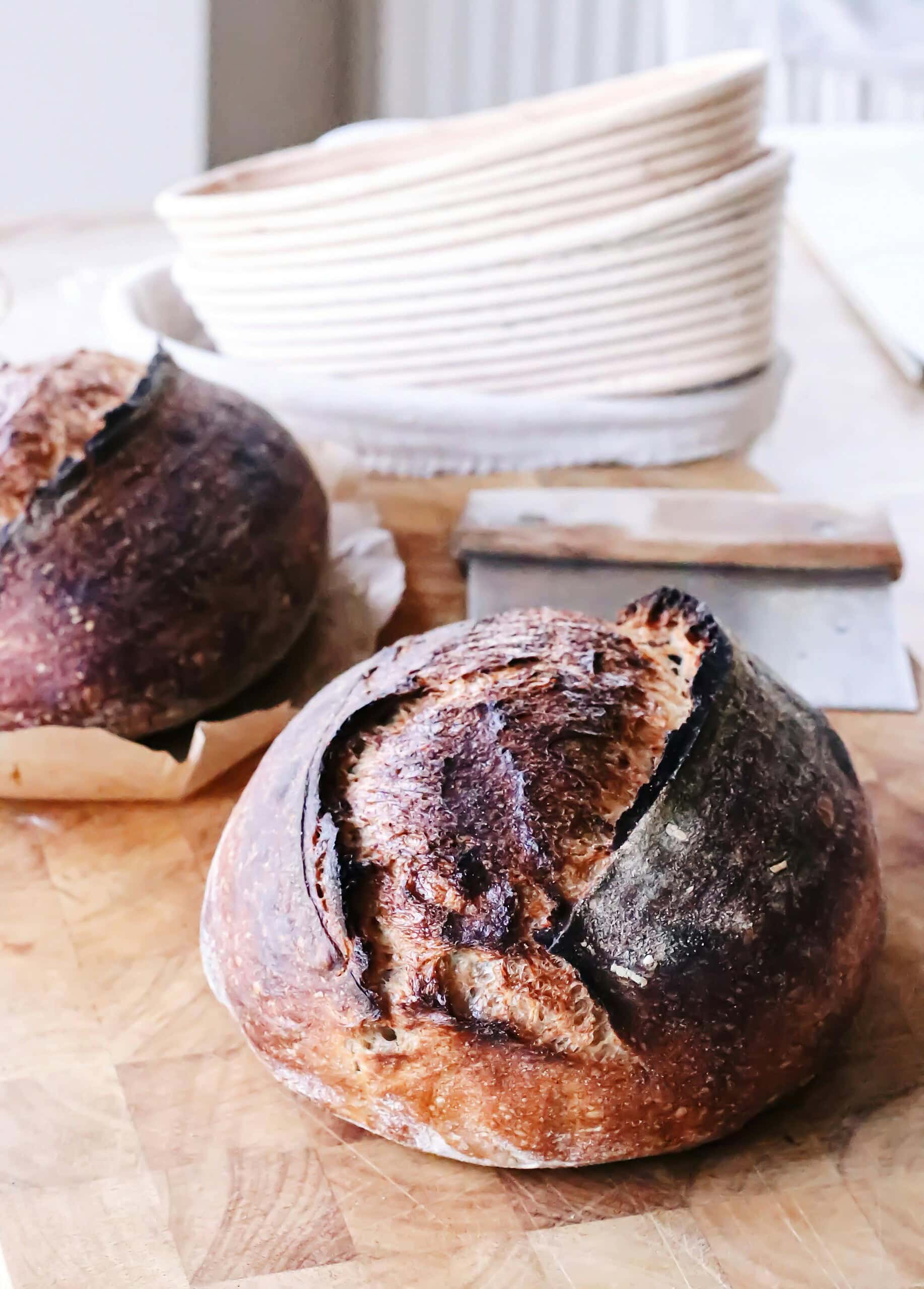 Common sourdough problems include a burned crust on the sourdough bread, as seen in the image