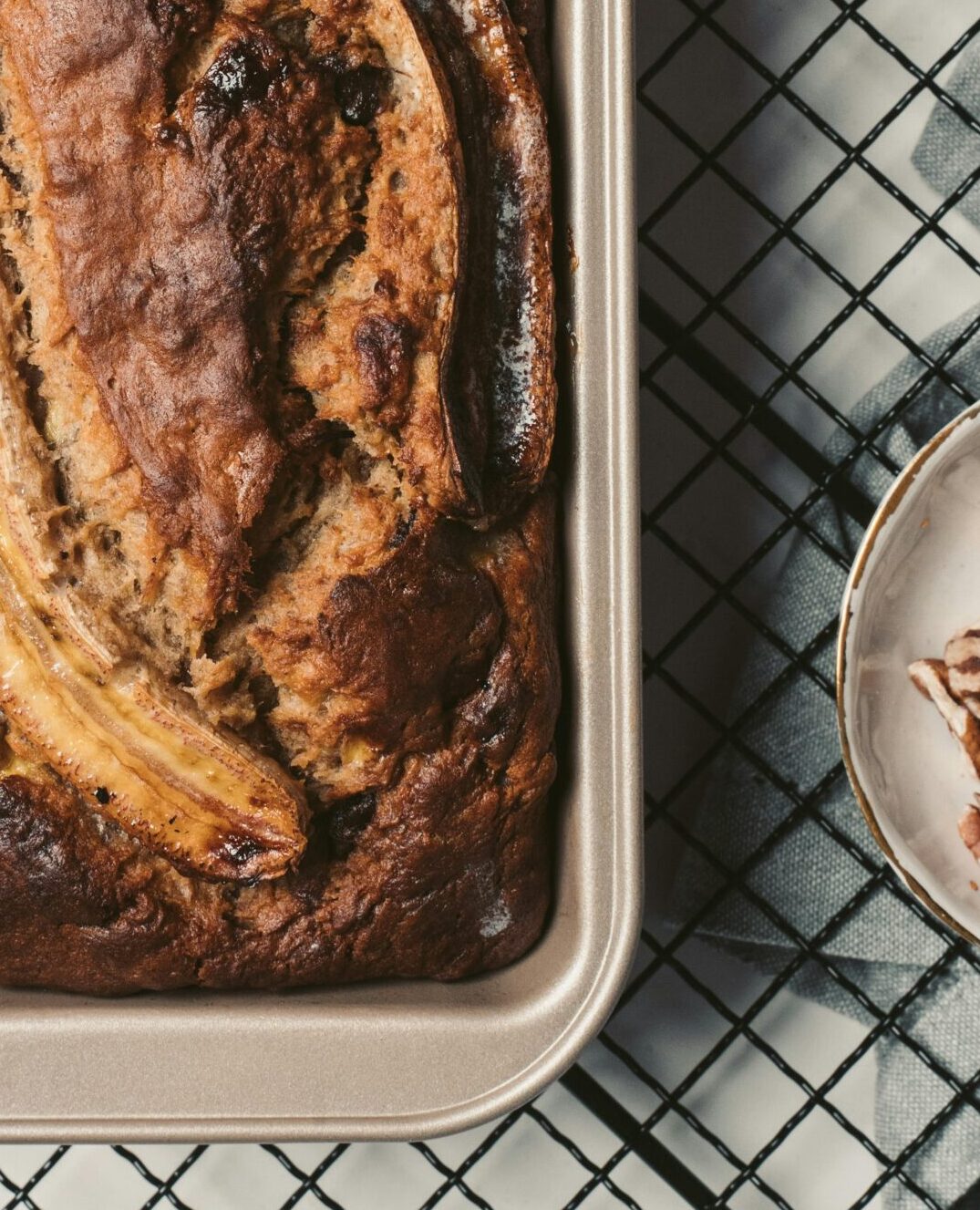 An up close view of fresh milled flour banana bread, a rustic banana bread recipe