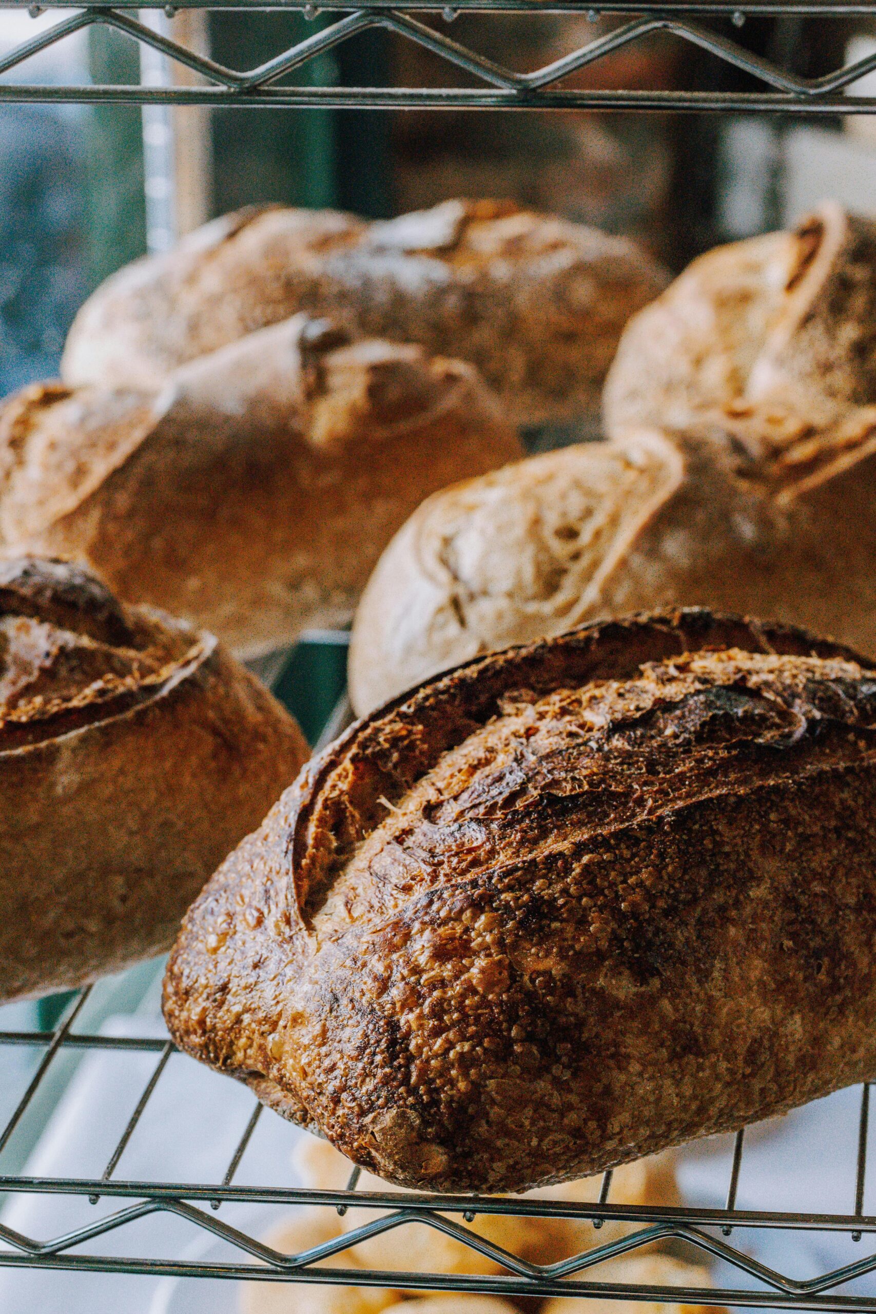 Loaves of sourdough bread made in a home bakery following cottage food laws sourdough and home bakery laws.