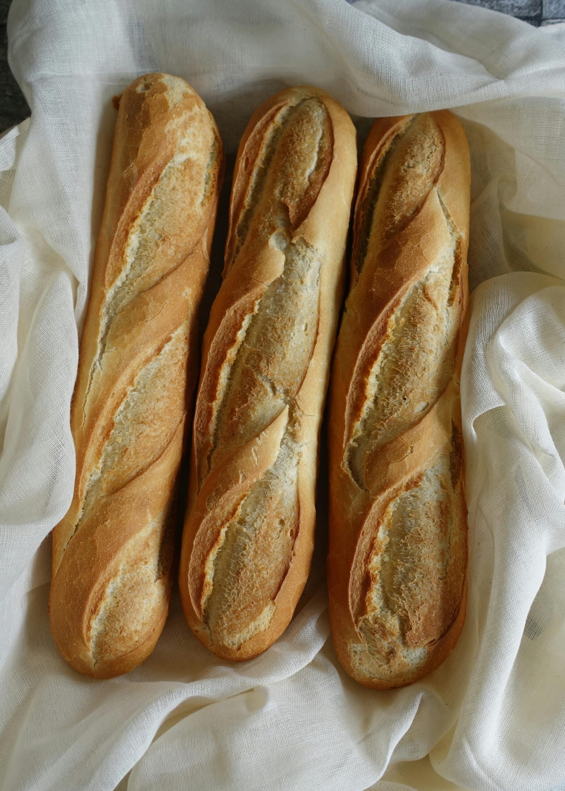 Sourdough baguettes in a basket showing how to make sourdough baguettes at home and artisan sourdough baguette recipe for beginners