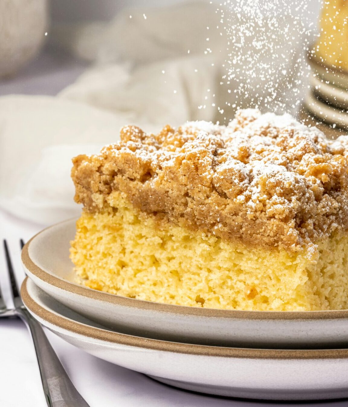 sourdough discard coffee cake on a plate, showing how to make sourdough coffee cake with discard