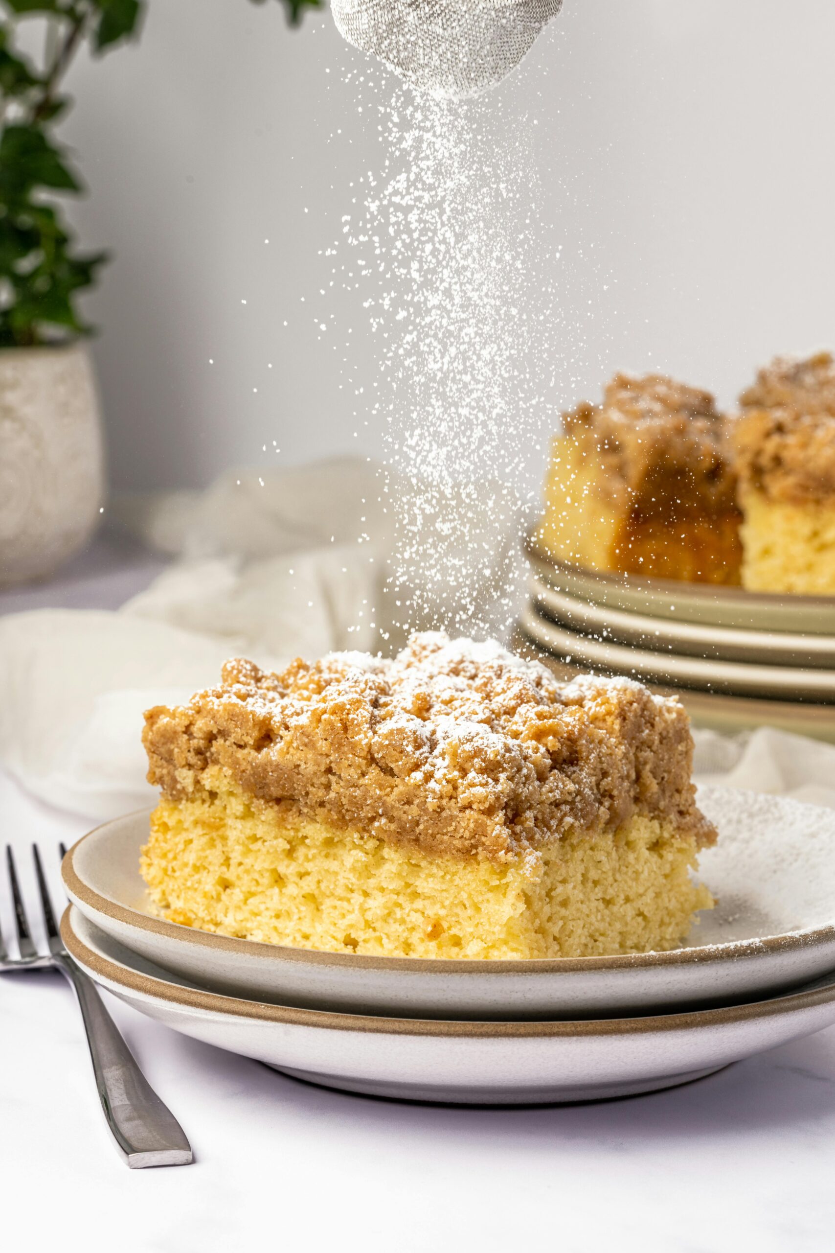 sprinkling sugar on sourdough coffee cake, an easy sourdough coffee cake recipe with cinnamon crumble